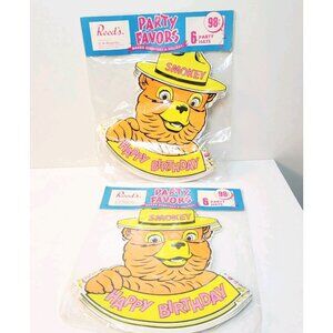 2 Vtg Reed's Smokey the Bear Party Hats Party Favors Yellow Brown Pink 6 in each